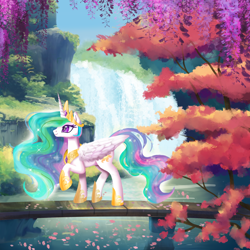 Size: 1800x1800 | Tagged: safe, artist:allegrenix, character:princess celestia, species:alicorn, species:pony, g4, bridge, clothing, crown, ethereal mane, falling leaves, female, flowing mane, flowing tail, folded wings, grass, hoof shoes, horn, jewelry, lake, leaves, mare, nature, necklace, outdoors, peytral, princess shoes, profile, raised hoof, regalia, scenery, scenery porn, shoes, smiling, solo, sparkles, tail, tree, water, waterfall, wings