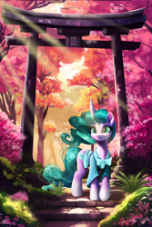 Size: 3600x5400 | Tagged: safe, artist:allegrenix, character:mistmane, species:pony, species:unicorn, g4, absurd resolution, clothing, crepuscular rays, curved horn, female, forest, grass, horn, mare, nature, outdoors, scenery, solo, torii, tree