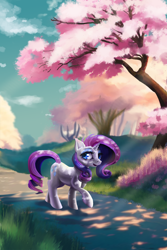 Size: 1800x2700 | Tagged: safe, artist:allegrenix, character:rarity, species:pony, species:unicorn, g4, cloud, female, grass, high res, horn, mare, nature, outdoors, raised hoof, scenery, sky, solo, tree