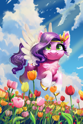 Size: 3600x5400 | Tagged: safe, artist:allegrenix, character:pipp petals, species:pegasus, species:pony, g5, absurd resolution, adorapipp, chest fluff, cloud, coat markings, colored eyebrows, colored hooves, cute, diadem, ear fluff, eyebrows, female, flower, flower field, fluffy, flying, gold hooves, heart, heart eyes, hooves, jewelry, leg fluff, looking at you, mare, meadow, outdoors, pipp wings, regalia, sky, smiling, smiling at you, socks (coat marking), solo, spread wings, tulip, unshorn fetlocks, wingding eyes, wings