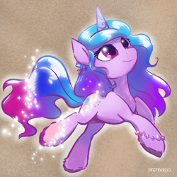 Size: 2048x2048 | Tagged: safe, artist:pfeffaroo, character:izzy moonbow, character:pinkie pie, species:earth pony, species:pony, species:unicorn, g4, g5, bracelet, brown background, character to character, colored hooves, female, g4 to g5, generation leap, gradient hair, high res, hooves, horn, izzy and her heroine, jewelry, mare, multicolored hair, simple background, smiling, solo, succession, the new pinkie pie, three quarter view, transformation, unshorn fetlocks