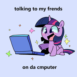 Size: 900x900 | Tagged: safe, artist:talim_stuff, character:twilight sparkle, character:twilight sparkle (alicorn), species:alicorn, species:pony, big eyes, bishie, chibi, comic, computer, cute, excited, happy, laptop computer, open mouth, simple background, talking, talking to viewer, twiabetes