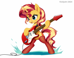 Size: 2340x1823 | Tagged: safe, artist:vinilyart, character:sunset shimmer, species:pony, species:unicorn, g4, my little pony:equestria girls, bipedal, clothing, female, guitar, high res, horn, mare, musical instrument, open mouth, open smile, signature, simple background, smiling, socks, solo, stockings, sunset shredder, thigh highs, white background