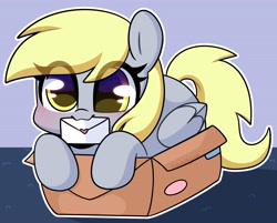 Size: 3082x2481 | Tagged: safe, artist:sakukitty, character:derpy hooves, species:pegasus, species:pony, g4, blushing, box, cute, derpabetes, eye clipping through hair, female, folded wings, heart, high res, holding, if i fits i sits, letter, looking at you, love letter, mare, mouth hold, outline, pony in a box, signature, solo, white outline, wings