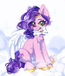 Size: 2201x2560 | Tagged: safe, artist:vanilla-chan, character:pipp petals, species:pegasus, species:pony, g5, adorapipp, blushing, chest fluff, circlet, cloud, colored eyebrows, colored hooves, cute, dawwww, ear fluff, eye clipping through hair, eyebrows, eyebrows visible through hair, female, fluffy, golden hooves, heart, high res, holding, hooves, leg fluff, letter, looking at you, love letter, mare, mouth hold, on a cloud, pipp wings, signature, sitting, sitting on a cloud, solo, unshorn fetlocks, weapons-grade cute, wings