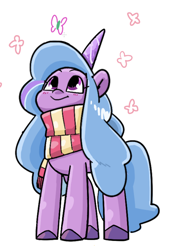Size: 1198x1726 | Tagged: safe, artist:llish, character:izzy moonbow, species:pony, species:unicorn, g5, my little pony: tell your tale, blushing, butterfly, clothing, colored hooves, cute, female, gradient hair, hooves, izzybetes, looking at something, looking up, mare, multicolored hair, scarf, simple background, smiling, solo, standing, striped scarf, three quarter view, unshorn fetlocks, white background