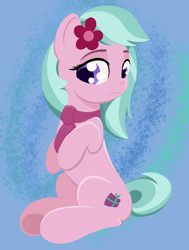 Size: 2480x3288 | Tagged: safe, artist:itchystomach, derpibooru original, character:dahlia, species:earth pony, species:pony, g5, my little pony: tell your tale, abstract background, clothing, concave belly, concerned, cute, digital art, female, flower, flower in hair, frown, mare, scarf, sitting, solo, turned head, underhoof
