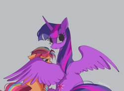 Size: 1440x1058 | Tagged: safe, artist:petaltwinkle, character:sunny starscout, character:twilight sparkle, character:twilight sparkle (alicorn), species:alicorn, species:earth pony, species:pony, g4, g5, my little pony: make your mark, my little pony: tell your tale, alternate eye color, black sclera, duo, duo female, eye clipping through hair, female, frown, gray background, height difference, horn, long horn, looking down, mane stripe sunny, mare, multicolored hair, open mouth, orange coat, profile, protecting, purple coat, signature, simple background, size difference, spread wings, sunny and her heroine, tail, three quarter view, wing shelter, wingding eyes, wings