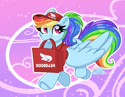 Size: 2182x1694 | Tagged: safe, artist:littleblackraencloud, character:rainbow dash, species:pegasus, species:pony, g4, bag, cap, clothing, cute, dashabetes, doordash, ear fluff, eye clipping through hair, eyebrows, eyebrows visible through hair, female, hat, holding, looking at you, mare, mouth hold, pun, smiling, smiling at you, solo, underhoof, visual gag, wings