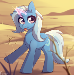 Size: 1962x2000 | Tagged: safe, artist:fensu-san, character:trixie, species:pony, species:unicorn, g4, blep, cute, desert, diatrixes, female, glowing horn, horn, looking at you, magic, magic aura, mare, outdoors, raised hoof, signature, silly, silly pony, smiling, smiling at you, solo, starry eyes, tongue out, wingding eyes