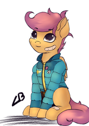 Size: 4961x7016 | Tagged: safe, artist:dbcreativearts, artist:playful wings, character:scootaloo, species:pegasus, species:pony, g4, bandage, bandaid, clothing, cute, cutealoo, eyebrows, eyebrows visible through hair, female, filly, jacket, looking up, puffy jacket, signature, simple background, solo, white background, young