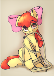 Size: 2480x3508 | Tagged: safe, artist:dbcreativearts, artist:playful wings, character:apple bloom, species:earth pony, species:pony, g4, apple family member, bondage, bow, cute, ear down, eyebrows, eyebrows visible through hair, female, filly, hair bow, high res, holding, lasso, looking up, mouth hold, one ear down, rope, simple background, sitting, solo, tied up, young