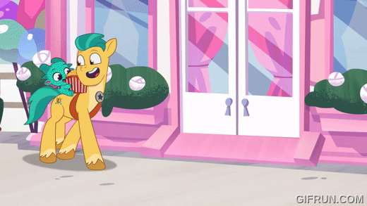 Size: 520x293 | Tagged: safe, screencap, character:hitch trailblazer, character:sparky sparkeroni, species:dragon, species:earth pony, species:pony, species:rabbit, episode:bunnisi beauties, g5, my little pony: tell your tale, spoiler:g5, spoiler:my little pony: tell your tale, spoiler:tyts02e08, animal, animated, blaze (coat marking), bunnisus, coat markings, colored hooves, door, door slam, gif, gifrun.com, hooves, male, mane melody (location), slapstick, socks (coat marking), stallion, unshorn fetlocks
