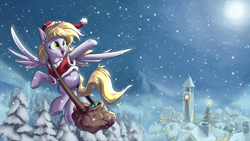 Size: 1920x1080 | Tagged: safe, artist:rocket-lawnchair, character:derpy hooves, species:pegasus, species:pony, episode:hearth's warming eve, g4, my little pony: friendship is magic, bag, christmas, clock tower, clothing, costume, cute, derpabetes, detailed background, featured on derpibooru, female, flying, hat, holiday, mailbag, mare, moon, night, night sky, open mouth, open smile, outdoors, santa costume, santa hat, scenery, sky, smiling, snow, snowfall, solo, spread wings, three quarter view, tree, wings, winter