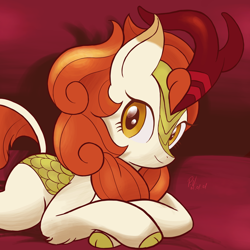 Size: 3300x3300 | Tagged: safe, artist:theratedrshimmer, character:autumn blaze, species:kirin, g4, awwtumn blaze, cloven hooves, cute, female, high res, hooves, horn, kirinbetes, looking at you, lying down, prone, smiling, smiling at you, solo, tail, unshorn fetlocks