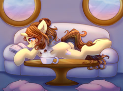Size: 1414x1052 | Tagged: safe, artist:chaosangeldesu, oc, oc only, oc:bellesmith, species:pony, species:unicorn, fanfic:austraeoh, book, broken horn, coffee mug, couch, cute, fanfic art, female, heart, heart eyes, horn, indoors, lying down, mare, mug, ocbetes, pillow, profile, prone, reading, side view, smiling, solo, sploot, table, tail, unicorn oc, wingding eyes