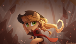 Size: 2800x1600 | Tagged: safe, artist:emeraldgalaxy, character:applejack, species:earth pony, species:pony, g4, apple family member, applejack's hat, bipedal, braid, bust, cheek fluff, clothing, cowboy hat, ear fluff, eye clipping through hair, eyebrows, eyebrows visible through hair, female, freckles, hat, high res, jacket, looking at you, mare, open mouth, scarf, signature, solo, stetson, windswept mane