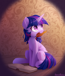 Size: 2400x2800 | Tagged: safe, artist:emeraldgalaxy, character:twilight sparkle, character:twilight sparkle (alicorn), species:alicorn, species:pony, g4, book, chest fluff, cute, ear fluff, eye clipping through hair, eyebrows, eyebrows visible through hair, feather, female, folded wings, head turn, high res, holding, horn, looking sideways, looking up, mare, mouth hold, quill, signature, sitting, solo, twiabetes, wings