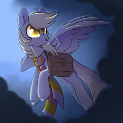 Size: 2048x2048 | Tagged: safe, artist:_lazy_cloud, artist:cloud-fly, character:derpy hooves, species:pegasus, species:pony, g4, bag, clothing, cloud, female, flying, high res, mare, open mouth, outdoors, saddle bag, scarf, solo, spread wings, storm, stormcloud, striped scarf, wings