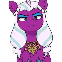 Size: 837x837 | Tagged: safe, artist:makaryo, character:opaline arcana, species:alicorn, species:pony, g5, my little pony: tell your tale, bust, eyeshadow, female, full face view, hooves, hooves to the chest, jewelry, looking at you, makeup, mare, necklace, opaline arcana is not amused, peytral, simple background, solo, unamused, white background