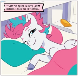 Size: 776x750 | Tagged: safe, artist:jack lawrence, idw, character:zipp storm, species:pegasus, species:pony, g5, spoiler:comic, spoiler:g5comic, adorazipp, bed, bed hair, bedroom, colored eyebrows, colored hooves, cute, eyebrows, female, hoof heart, hooves, indoors, lying down, mare, messy mane, morning ponies, my little pony: mane event, pillow, solo, underhoof, unshorn fetlocks, waking up