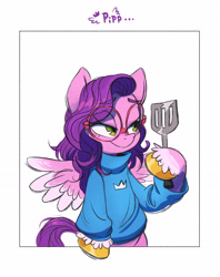 Size: 1964x2480 | Tagged: safe, artist:fanzeem, part of a set, character:pipp petals, species:pegasus, species:pony, g5, adorapipp, clothing, coat markings, colored eyebrows, colored hooves, crossover, cute, eyebrows, eyebrows visible through hair, female, glasses, golden hooves, graveyard shift, hoof hold, hooves, krusty krab, mare, markings, parody, pipp wings, reference, simple background, socks (coat marking), solo, spatula, spongebob reference, spongebob squarepants, spread wings, sweater, text, unshorn fetlocks, white background, wings