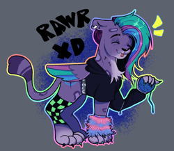 Size: 1282x1114 | Tagged: safe, artist:kreeeeeez, character:allura, species:aq bars, species:snow leopard, g5, my little pony: make your mark, my little pony: tell your tale, big cat, clothing, cute, ear piercing, eyes closed, female, floppy ears, gray background, hoodie, jewelry, leg warmers, piercing, rawr xd, scene, silly, simple background, tongue out, winged big cat, yarn, yarn ball