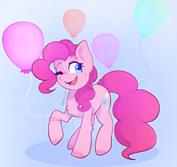 Size: 1468x1386 | Tagged: safe, artist:greenie-ghost, character:pinkie pie, species:earth pony, species:pony, g4, balloon, chest fluff, ear fluff, female, mare, one eye closed, open mouth, open smile, raised hoof, smiling, solo, tail