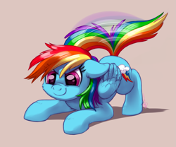 Size: 1633x1356 | Tagged: safe, artist:diamonddusted, artist:whitediamonds, character:rainbow dash, species:pegasus, species:pony, g4, behaving like a dog, cheek fluff, cute, dashabetes, female, floppy ears, folded wings, imminent pounce, mare, motion lines, nose wrinkle, signature, simple background, smiling, smirk, solo, tail, tail wag, wings