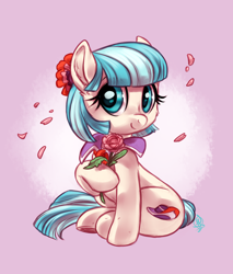 Size: 2550x3000 | Tagged: safe, artist:diamonddusted, artist:whitediamonds, character:coco pommel, species:earth pony, species:pony, g4, cheek fluff, cocobetes, cute, ear fluff, female, flower, high res, looking at you, mare, raised hoof, signature, sitting, smiling, smiling at you, solo, tail