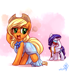 Size: 1450x1500 | Tagged: safe, artist:whitediamonds, character:applejack, character:rarity, species:earth pony, species:pony, species:unicorn, ship:rarijack, g4, apple family member, applejack's hat, clothing, cowboy hat, cute, dress, duo, duo female, eyebrows, eyebrows visible through hair, eyes closed, eyeshadow, facehoof, female, freckles, glasses, hat, horn, jackabetes, lesbian, looking back, makeup, mare, measuring tape, open mouth, raised hoof, raised leg, rarijack daily, rarity's glasses, shipping, signature, standing on two hooves, stetson, tail