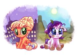 Size: 1800x1300 | Tagged: safe, artist:whitediamonds, character:applejack, character:rarity, species:earth pony, species:pony, species:unicorn, ship:rarijack, episode:the cutie mark chronicles, g4, my little pony: friendship is magic, alternate hairstyle, apple family member, bow, crying, cute, dirty, duo, duo female, eyebrows, eyebrows visible through hair, female, filly, filly applejack, filly rarity, freckles, frown, hatless, horn, jackabetes, lesbian, missing accessory, orangejack, raribetes, rarijack daily, sad, sadorable, shipping, signature, sitting, tail, tail bow, teary eyes, underhoof, young, younger