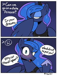 Size: 1840x2414 | Tagged: safe, artist:icey, character:princess luna, species:alicorn, species:pony, g4, blushing, bronybait, clothing, covering mouth, crown, cute, dialogue, female, grammar error, hoof shoes, jewelry, looking at you, lunabetes, mare, necklace, peytral, raised hoof, regalia, shoes, speech bubble, sweat, sweatdrop, text, waifu, ye olde butcherede englishe, ye olde english
