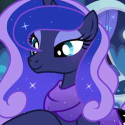 Size: 1080x1082 | Tagged: safe, artist:cstrawberrymilk, character:princess luna, species:alicorn, species:pony, g4, alternate hairstyle, bust, closed mouth, clothing, cute, ethereal mane, eyeshadow, female, gradient hair, lidded eyes, lunabetes, makeup, mare, missing accessory, multicolored hair, portrait, scarf, show accurate, smiling, solo, sparkly mane, teal eyes, three quarter view