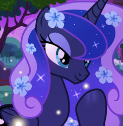 Size: 1080x1108 | Tagged: safe, artist:cstrawberrymilk, character:princess luna, species:alicorn, species:pony, g4, alternate hairstyle, beautiful, bust, closed mouth, cute, ethereal mane, eyeshadow, female, flower, flower in hair, folded wings, lidded eyes, lunabetes, makeup, mare, missing accessory, raised hoof, show accurate, smiling, solo, sparkly mane, teal eyes, three quarter view, wings