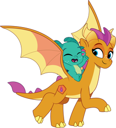 Size: 1310x1438 | Tagged: safe, artist:prixy05, derpibooru original, character:smolder, character:sparky sparkeroni, species:dragon, g4, g5, my little pony: tell your tale, baby, baby dragon, digital art, dragoness, duo, duo male and female, female, g4 to g5, generation leap, male, raised leg, simple background, spread wings, transparent background, vector, wings