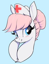 Size: 1427x1852 | Tagged: safe, artist:aquaticvibes, character:nurse redheart, species:earth pony, species:pony, g4, blue background, blushing, bust, clothing, eyelashes, female, hair bun, hat, looking sideways, mare, nurse hat, portrait, simple background, smiling, solo