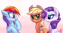 Size: 1500x800 | Tagged: safe, artist:whitediamonds, character:applejack, character:rainbow dash, character:rarity, species:earth pony, species:pegasus, species:pony, species:unicorn, ship:rarijack, g4, apple family member, applejack's hat, blushing, clothing, cowboy hat, crying, eyebrows, eyebrows visible through hair, eyeshadow, female, freckles, frown, gradient background, grin, hat, horn, laughing, lesbian, makeup, mare, profile, raised hoof, rarijack daily, rarity is not amused, shipping, signature, sitting, snickering, stetson, tears of laughter, teary eyes, trio, trio female, tumblr, unamused