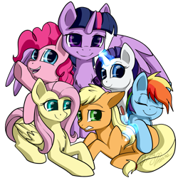 Size: 1743x1743 | Tagged: safe, artist:gleamydreams, character:applejack, character:fluttershy, character:pinkie pie, character:rainbow dash, character:rarity, character:twilight sparkle, character:twilight sparkle (alicorn), species:alicorn, species:earth pony, species:pegasus, species:pony, species:unicorn, g4, apple family member, brush, chest fluff, cute, ear fluff, eyes closed, female, folded wings, glowing horn, gritted teeth, group, horn, looking at you, loose hair, lying down, magic, magic aura, mane six, mare, open mouth, open smile, prone, sextet, signature, simple background, smiling, smiling at you, spread wings, teeth, telekinesis, transparent background, underhoof, wings