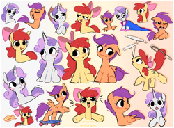 Size: 2723x2000 | Tagged: safe, artist:syrupyyy, character:apple bloom, character:scootaloo, character:sweetie belle, species:earth pony, species:pegasus, species:pony, species:unicorn, episode:for whom the sweetie belle toils, episode:the cutie pox, g4, my little pony: friendship is magic, 5-year-old sweetie belle, accessory swap, apple bloom's bow, apple family member, blushing, bow, buy some apples, cutie mark crusaders, emanata, eye clipping through hair, eyes closed, female, filly, foal, gradient background, hair bow, high res, horn, open mouth, open smile, scooter, sitting, smiling, trio, young