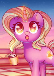 Size: 2480x3508 | Tagged: safe, artist:wavecipher, character:luster dawn, species:pony, species:unicorn, episode:the last problem, g4, my little pony: friendship is magic, :o, coffee cup, cup, cute, female, fence, glowing horn, high res, horn, levitation, looking at you, lusterbetes, magic, magic aura, mare, open mouth, outdoors, solo, telekinesis