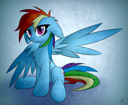 Size: 2255x1857 | Tagged: safe, artist:n_thing, character:rainbow dash, species:pegasus, species:pony, g4, abstract background, chest fluff, female, floppy ears, looking at you, mare, sitting, smiling, smiling at you, solo, spread wings, wings