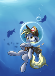 Size: 2000x2800 | Tagged: safe, artist:rocket-lawnchair, character:derpy hooves, species:pegasus, species:pony, g4, bag, bubble, bubble helmet, bubble on head, clothing, crepuscular rays, female, hat, high res, letter, mailbag, mailmare, mailmare hat, mailmare uniform, mare, solo, tail, underwater, water