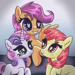Size: 2048x2048 | Tagged: safe, artist:selkie_bug, character:apple bloom, character:scootaloo, character:sweetie belle, species:earth pony, species:pegasus, species:pony, species:unicorn, g4, apple family member, beanbrows, blank flank, colored eyebrows, cutie mark crusaders, eyebrows, female, filly, grin, heart, heart eyes, horn, missing accessory, smiling, spread wings, trio, trio female, wingding eyes, wings, young