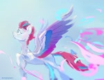 Size: 1289x993 | Tagged: safe, artist:laymy, character:zipp storm, species:pegasus, species:pony, g5, my little pony: make your mark, my little pony: tell your tale, colored wings, female, flying, gradient background, gradient wings, looking up, mare, multicolored wings, profile, signature, solo, spread wings, wings