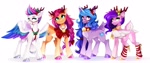 Size: 2560x1067 | Tagged: safe, artist:buvanybu, character:izzy moonbow, character:pipp petals, character:sunny starscout, character:zipp storm, species:bird, species:deer, species:earth pony, species:pegasus, species:peryton, species:pony, species:reindeer, species:unicorn, g5, my little pony: make your mark, adorapipp, adorazipp, antlers, aside glance, bandage, bandaid, bandaid on nose, bell, bell collar, blep, bridle, butt, clothing, cloven hooves, collar, colored ear fluff, colored hooves, cute, deer tail, deerified, doe, ear fluff, elbow fluff, female, folded wings, gold hooves, gradient background, gradient hair, halter, hock fluff, hooves, hybrid, leg warmers, long mane, looking at you, looking back, looking back at you, mare, multicolored hair, neck ribbon, open mouth, open smile, original species, pale belly, pipp butt, pipp wings, plot, raised leg, reindeer antlers, reindeerified, royal sisters (g5), siblings, simple background, sisters, slender, smiling, smiling at you, species swap, spread wings, standing, striped leg warmers, sunnybetes, tack, tail, thin, tongue out, turned head, unshorn fetlocks, white background, wings