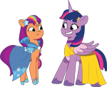 Size: 2149x1743 | Tagged: safe, artist:prixy05, derpibooru original, part of a set, character:sunny starscout, character:twilight sparkle, character:twilight sparkle (alicorn), species:alicorn, species:earth pony, species:pony, g4, g5, my little pony: tell your tale, clothes swap, clothing, colored hooves, colored wings, digital art, dress, duo, duo female, female, g4 to g5, gala dress, generation leap, hoof shoes, hooves, looking at each other, looking at someone, mare, multicolored wings, shoes, simple background, smiling, sunny and her heroine, teeth, tell your tale accurate, transparent background, two toned wings, unshorn fetlocks, vector, wings