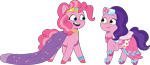 Size: 3001x1304 | Tagged: safe, artist:prixy05, derpibooru original, part of a set, character:pinkie pie, character:pipp petals, species:earth pony, species:pegasus, species:pony, g4, g5, my little pony: tell your tale, bracelet, clothes swap, clothing, colored hooves, digital art, dress, duo, duo female, female, g4 to g5, gala dress, generation leap, hooves, jewelry, looking at each other, looking at someone, mare, open mouth, open smile, pipp and her second heroine, pipp is small, pipp wings, simple background, smiling, smolpie, teeth, transparent background, unshorn fetlocks, vector