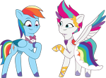 Size: 2081x1539 | Tagged: safe, artist:prixy05, derpibooru original, part of a set, character:rainbow dash, character:zipp storm, species:pegasus, species:pony, g4, g5, my little pony: tell your tale, bow tie, clothes swap, clothing, colored hooves, colored wings, digital art, dress, duo, duo female, female, g4 to g5, gala dress, generation leap, hooves, looking at someone, mare, multicolored wings, raised hoof, simple background, smiling, transparent background, two toned wings, unshorn fetlocks, vector, wings, zipp and her heroine