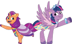 Size: 2832x1711 | Tagged: safe, artist:prixy05, derpibooru original, part of a set, character:sunny starscout, character:twilight sparkle, character:twilight sparkle (alicorn), species:alicorn, species:earth pony, species:pony, g4, g5, my little pony: tell your tale, clothes swap, clothing, colored hooves, crystal ball (episode), digital art, dress, duo, duo female, female, g4 to g5, generation leap, hoof heart, hooves, mane stripe sunny, mare, raised hoof, simple background, standing on two hooves, sunny and her heroine, tell your tale accurate, transparent background, underhoof, unshorn fetlocks, vector